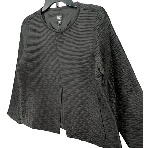Eileen Fisher Jacket Small Petite Black Silk Texture Magnetic Button Minimalist - Picture 2 of 12